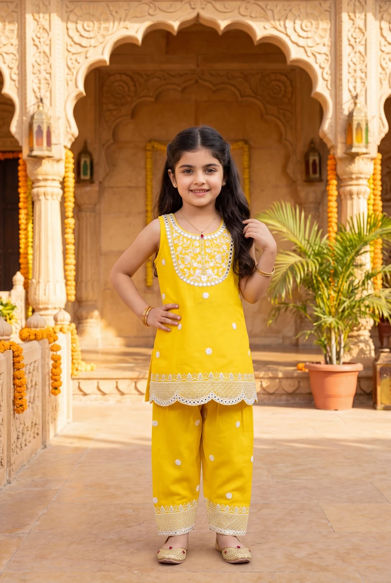 Yellow Embroidered Dress kids' wear lookbook image.