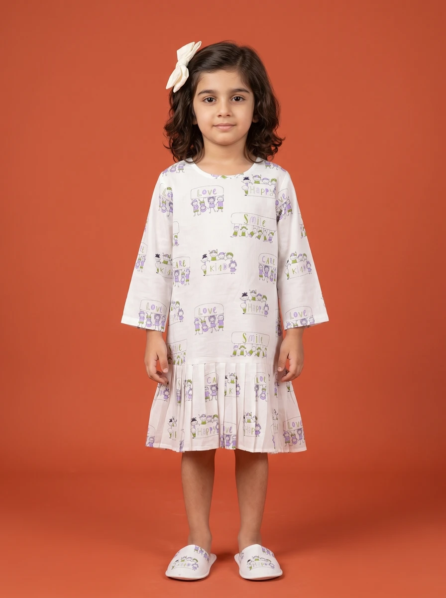 White Doodle Print Dress kids' wear lookbook image.