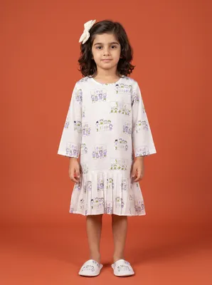 White Doodle Print Dress kids' wear lookbook image.