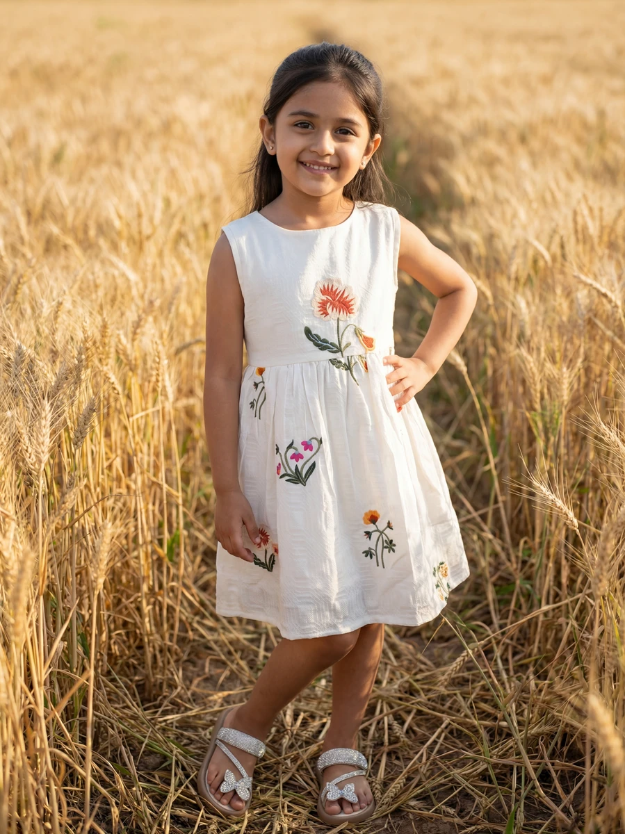 White Floral Applique Dress kids' wear lookbook image.