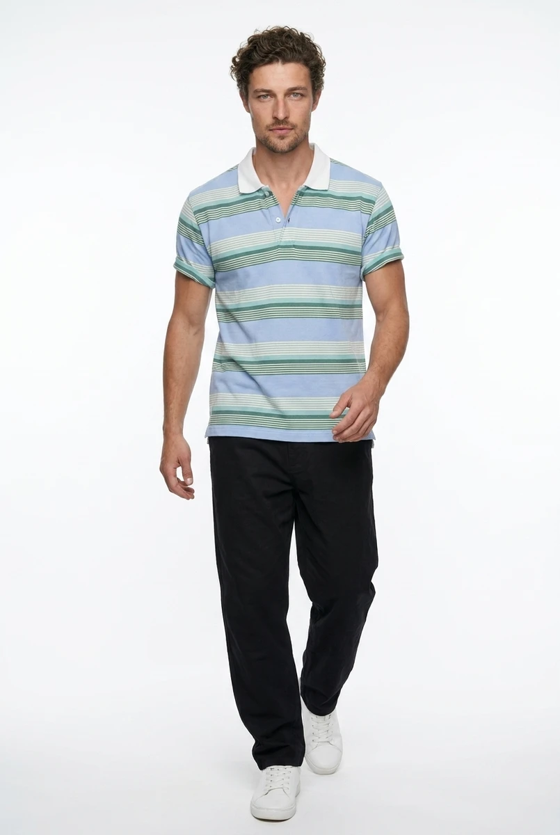 Blue Stripe Polo Shirt men's wear lookbook image.