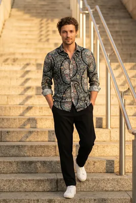 Teal Floral Resort Shirt men's wear lookbook image.