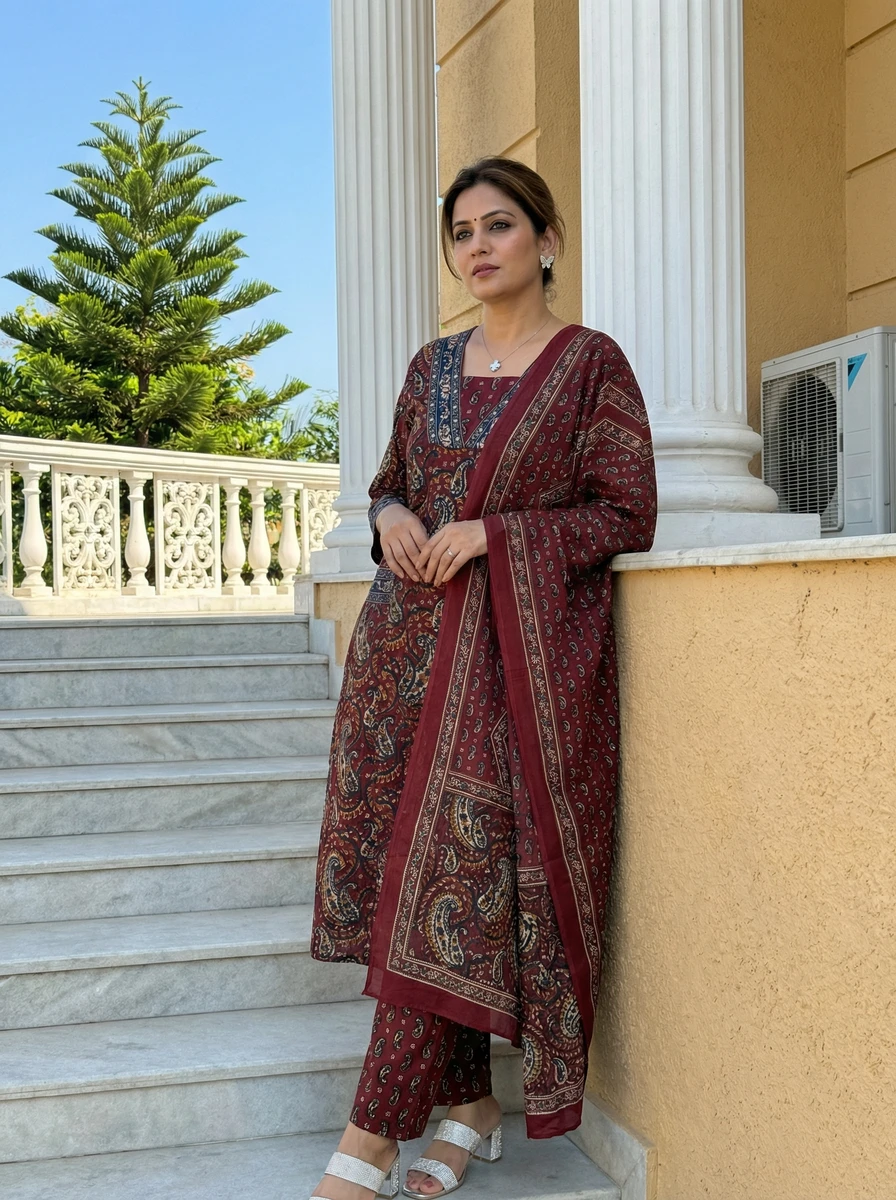 Maroon Printed Ethnic Dress women's wear lookbook image.