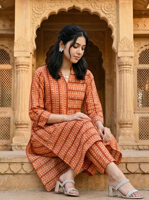 Rust Striped Kurta Set women's wear lookbook image.