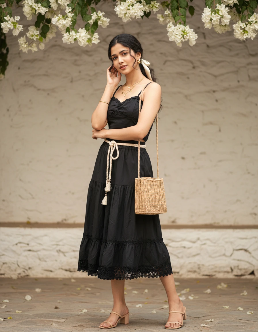 Black Midi Dress women's wear lookbook image.