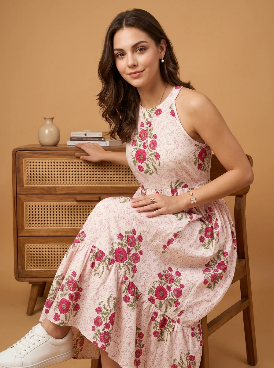Pink Floral Midi Dress women's wear lookbook image.