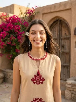 Beige Embroidered Kurta Set women's wear lookbook image.