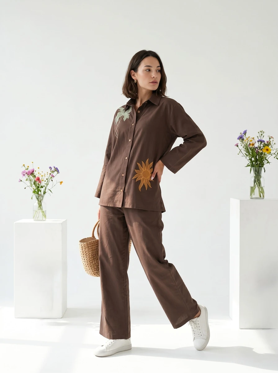 Brown Embroidered Co-ord Set women's wear lookbook image.