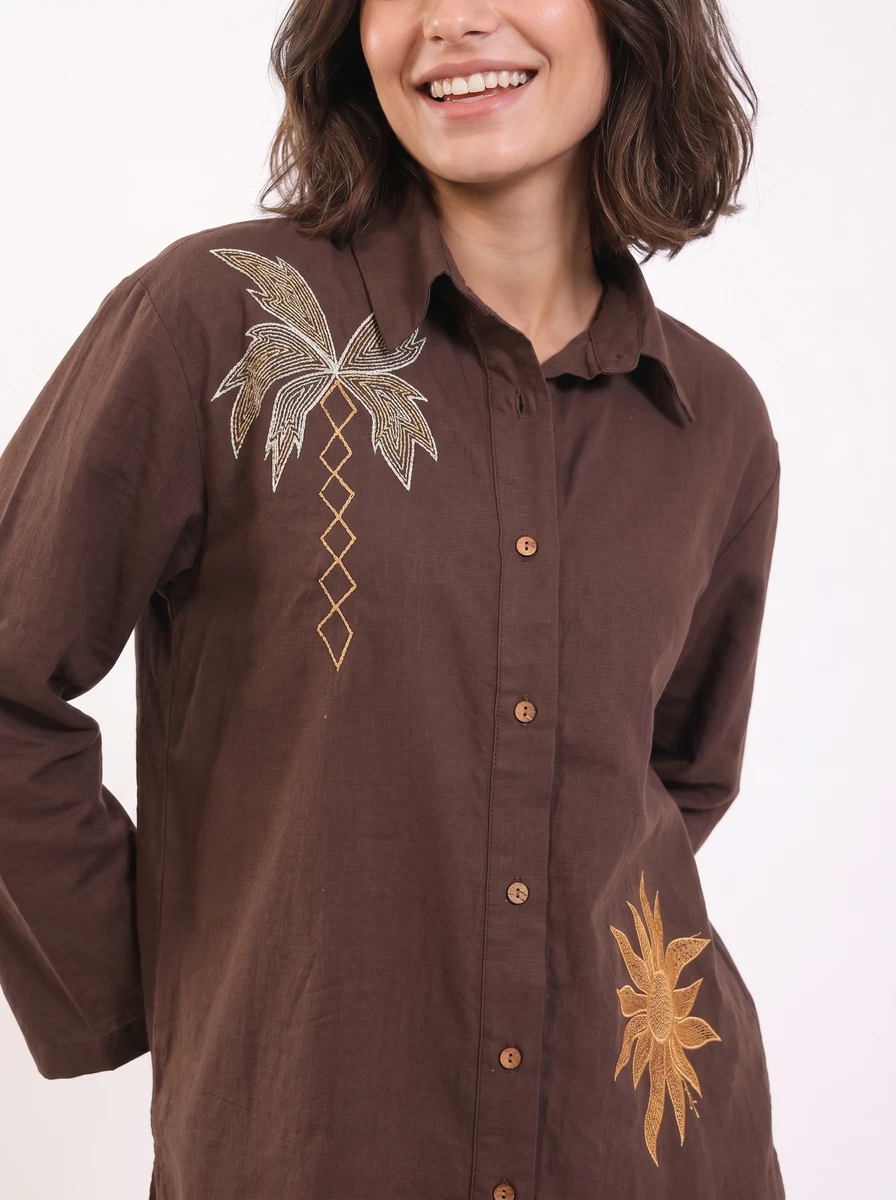 Brown Embroidered Shirt Detail women's wear lookbook image.