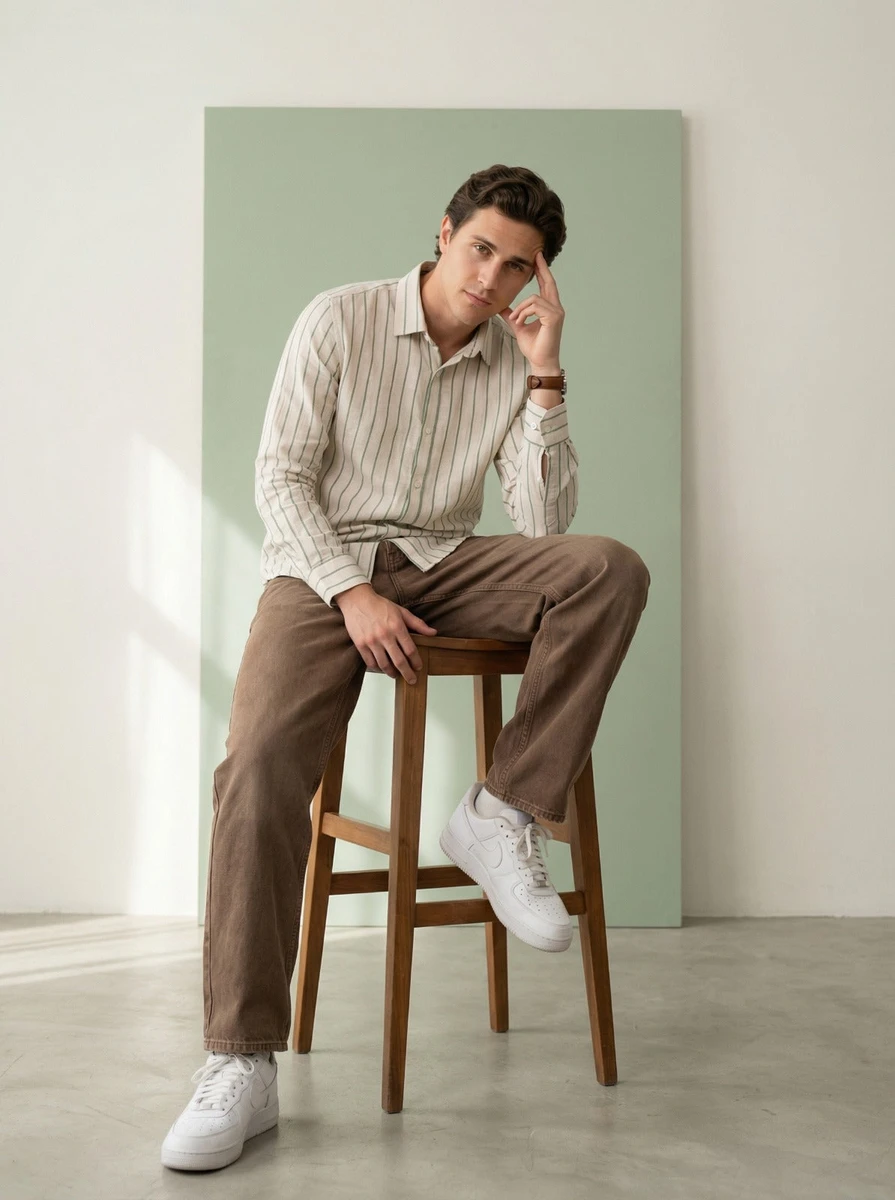 Taupe Knit Seated Look men's wear lookbook image.