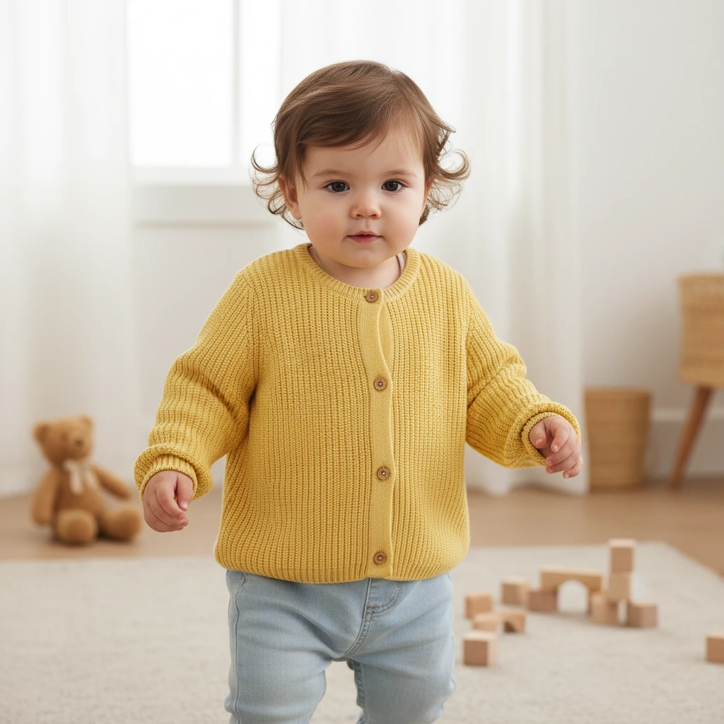 Toddler standing in a bright room wearing a yellow knitted cardigan and light blue pants.