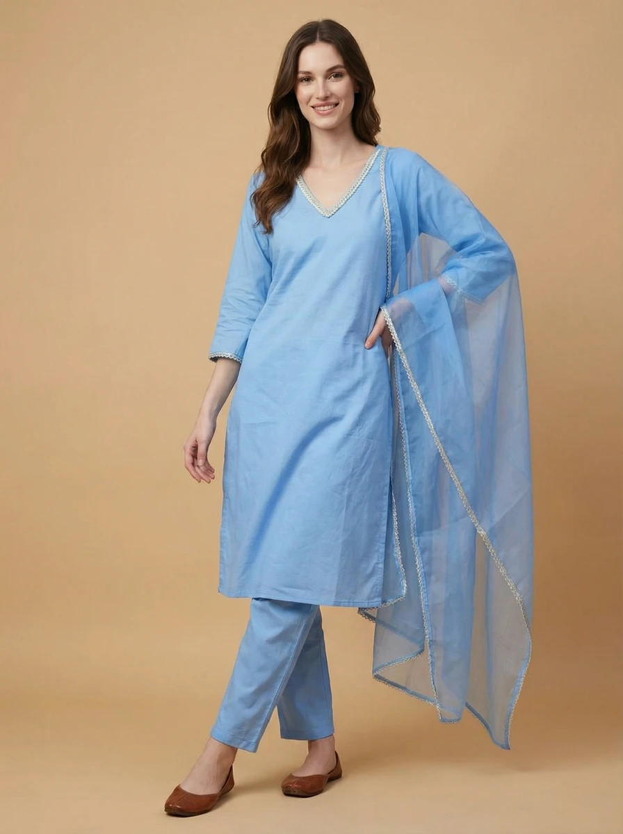 A woman poses in a light blue kurta set with matching trousers and a sheer dupatta featuring silver trim against a solid beige background.