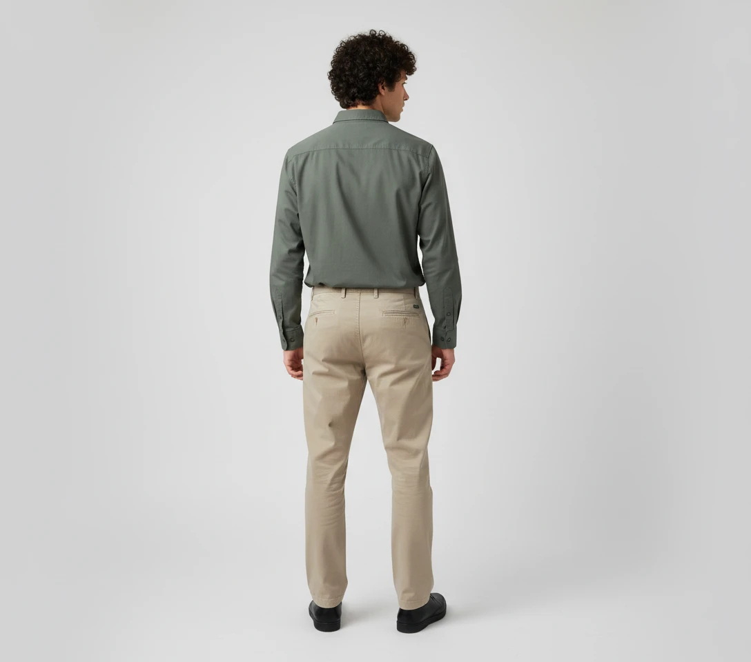 Rear view of a man wearing a dark green long sleeve button down shirt and khaki trousers.