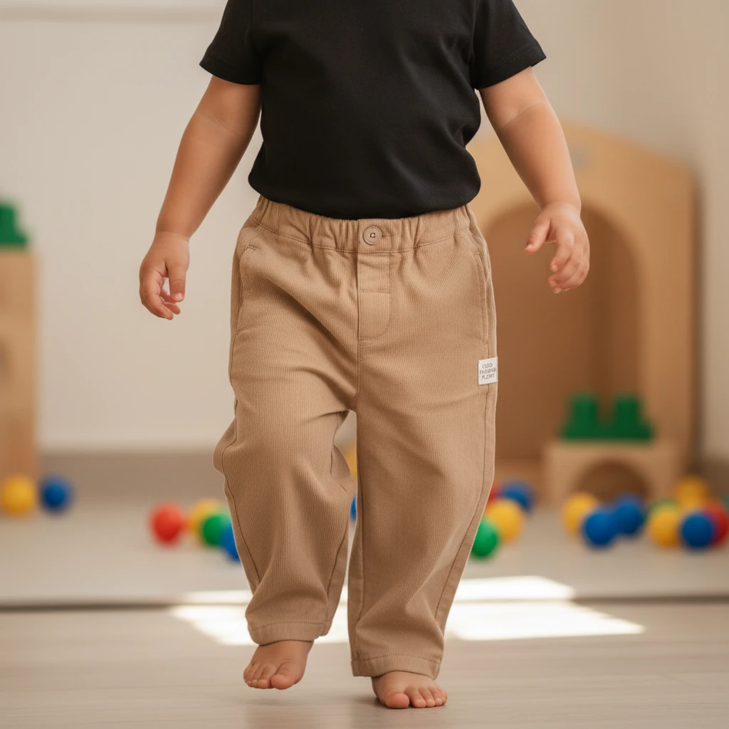 Toddler walking in a black t-shirt and tan corduroy pants indoors with toys