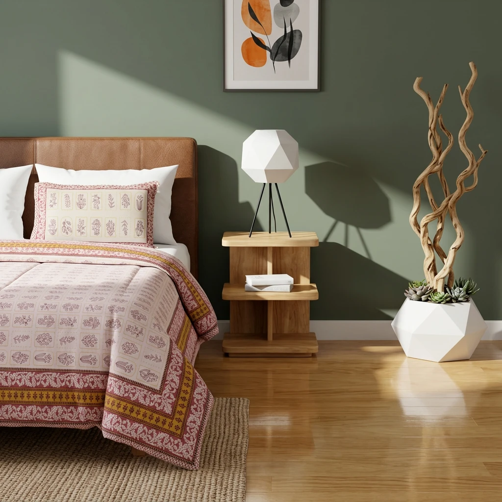 Voila comforter featuring a pink floral block print design on a bed in a green bedroom with wooden nightstand.
