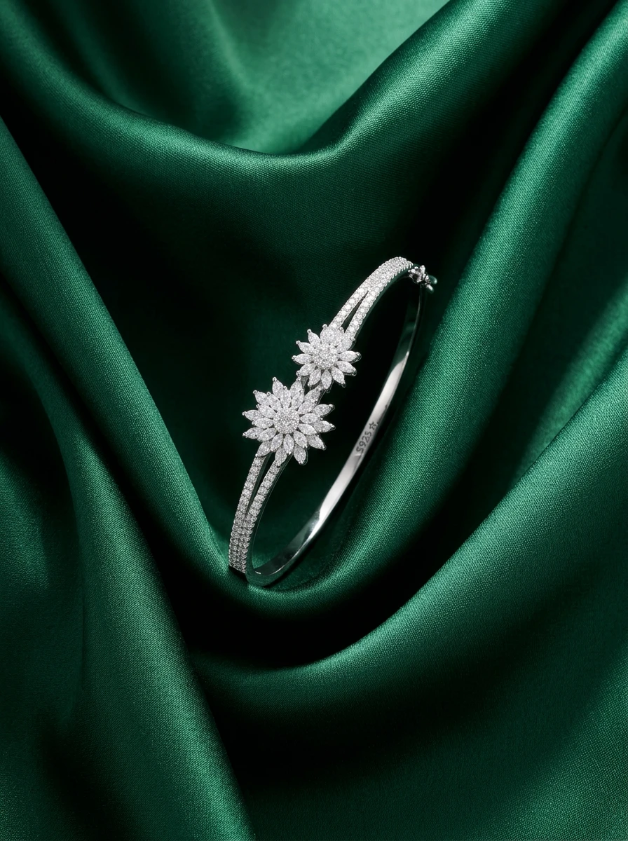 Studio AI photoshoot of a crystal floral bracelet on green silk, for a bracelet brand selling on marketplaces