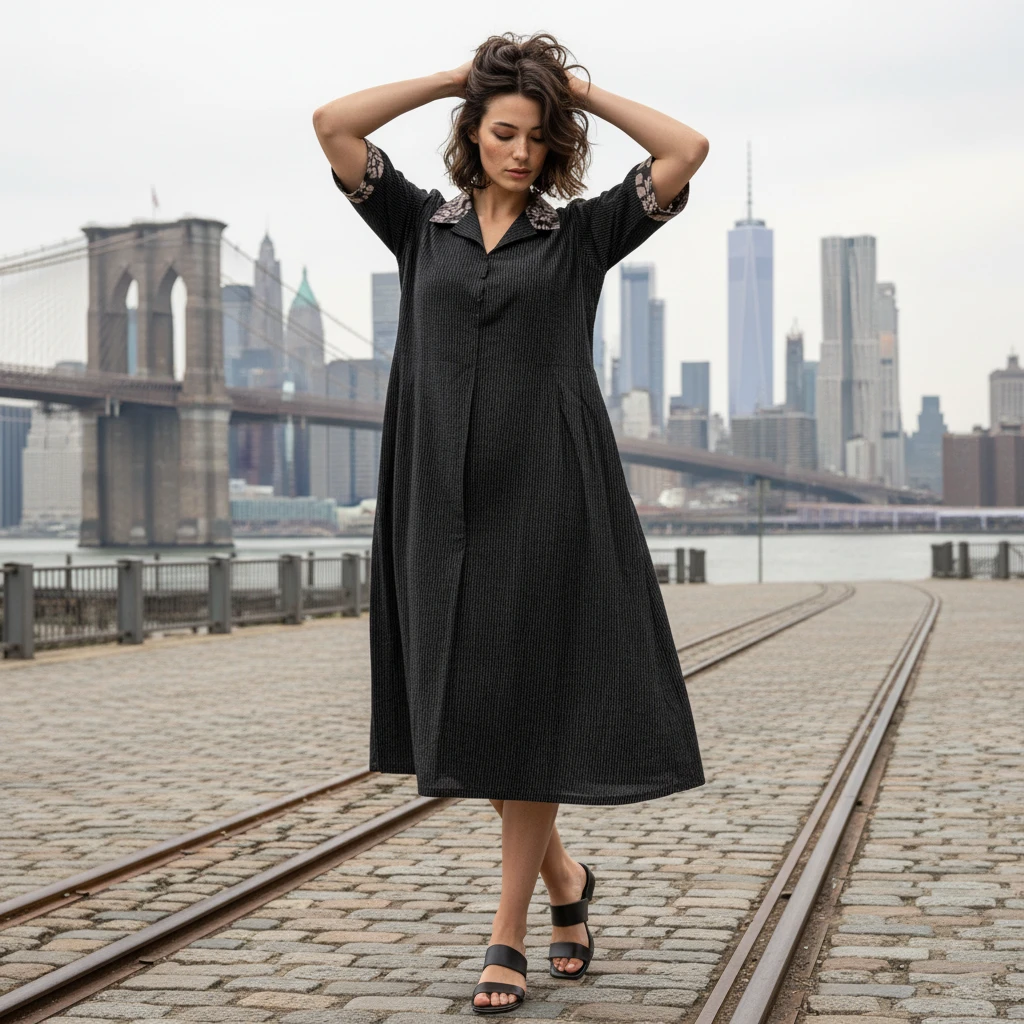 Woman wearing a black midi dress with patterned collar standing on cobblestone street with New York skyline in the background.