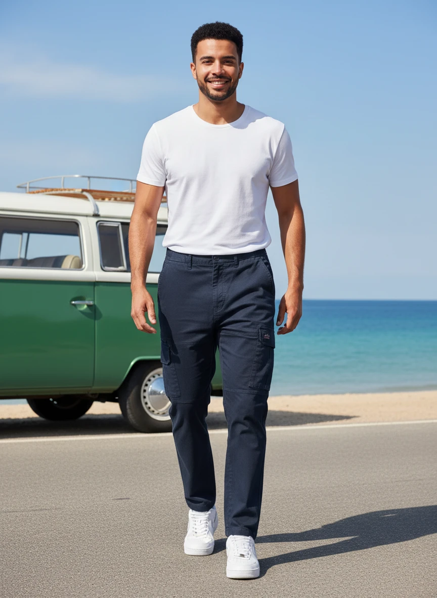 Man wearing a white t-shirt and navy cargo pants walking on a road by the beach with a green van in the background.