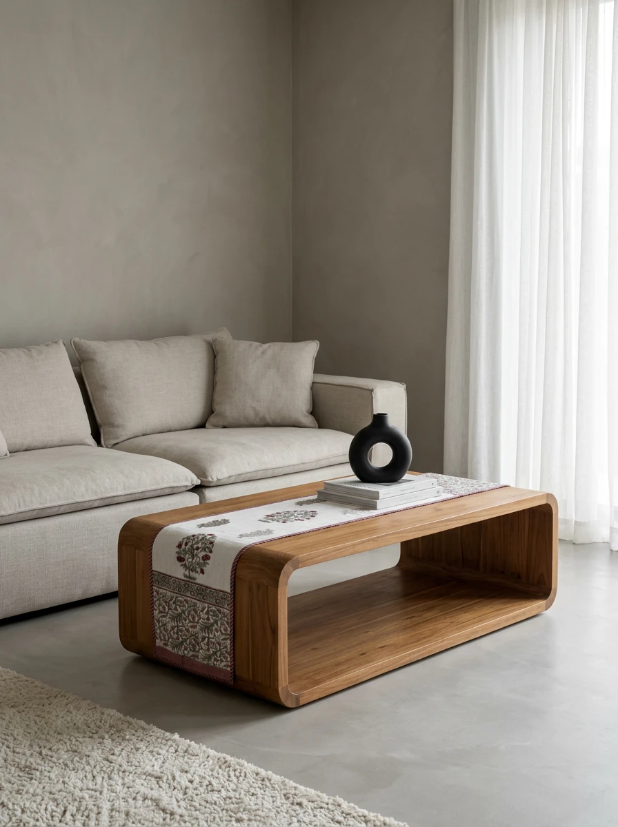 A decorative patterned table runner is displayed on a modern wooden coffee table in a minimalist living room.