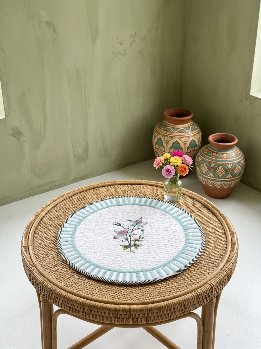 Round quilted table mat with floral center and striped border on a rattan table.