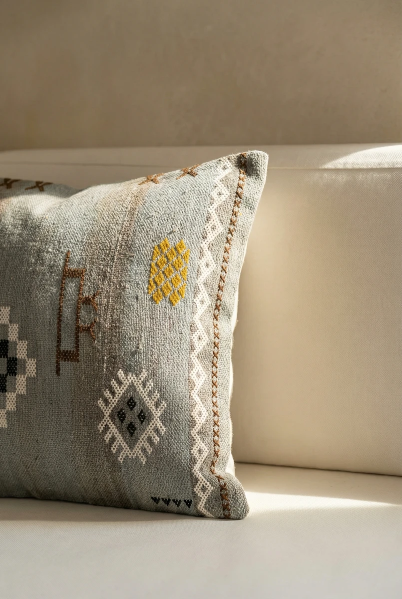 Sanskruti grey woven cushion with embroidered geometric patterns placed on a cream sofa.