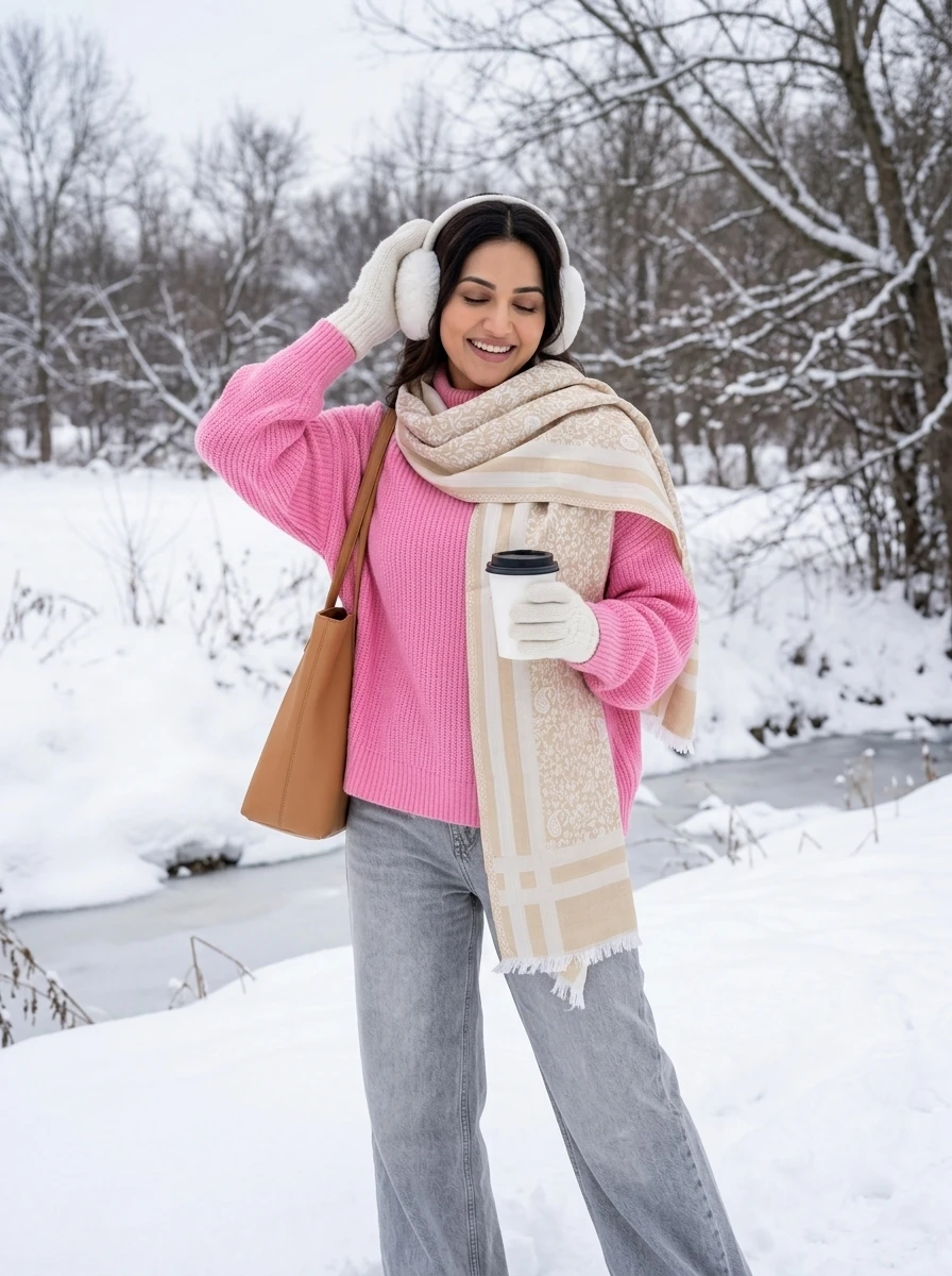 Woman in pink sweater and patterned scarf standing in snowy woods wearing white earmuffs and holding a coffee cup.