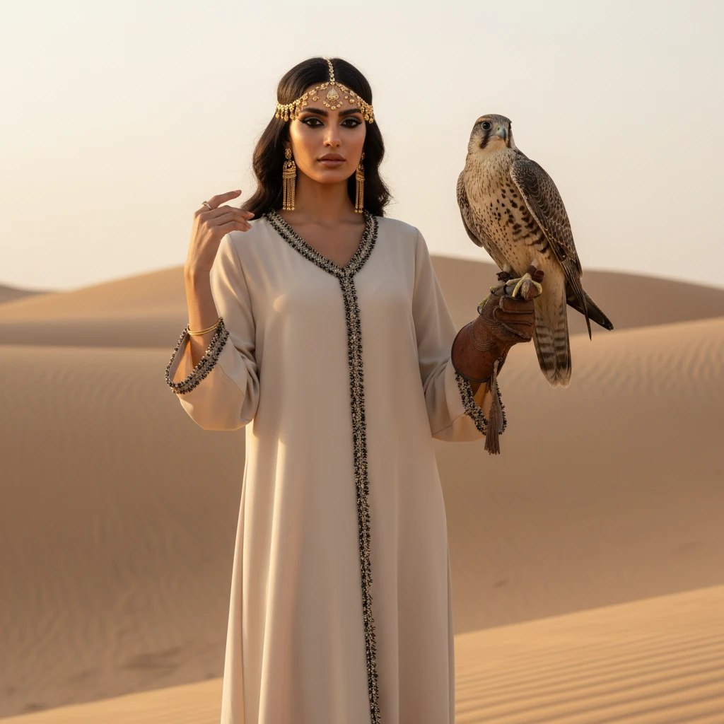 A woman in a cream abaya with black bead trim holding a falcon in a desert setting.