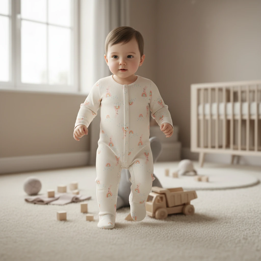 A toddler wearing a cream-colored ribbed footed sleeper with a rainbow and bunny pattern in a nursery.