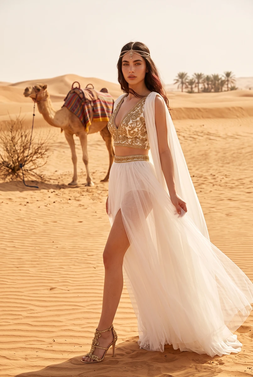 Model in a white two-piece outfit with gold embroidery standing in a desert with a camel.