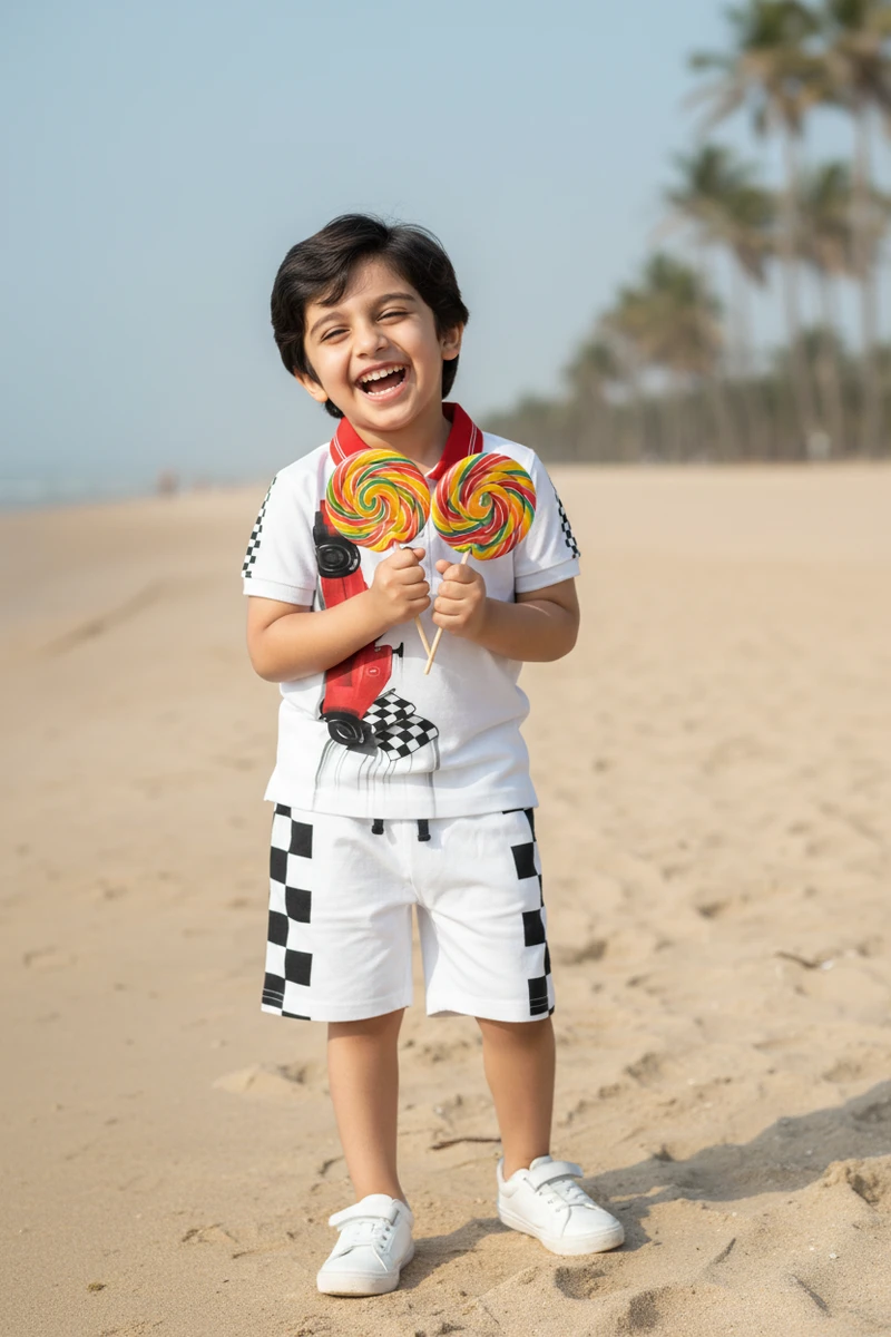 Young boy wearing a white polo shirt with red collar and matching shorts with lollipops on a beach.