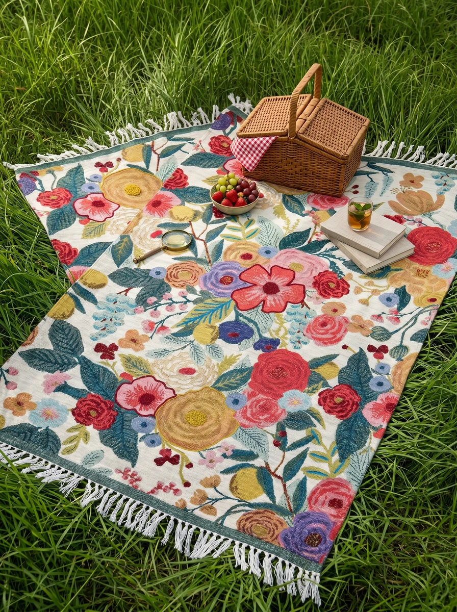 Woven rug with white base and colorful floral pattern featuring fringe edges laid on green grass with a picnic basket.