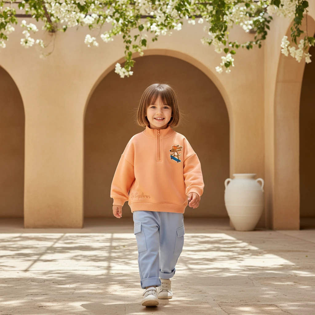 A young child wearing an orange quarter-zip sweatshirt and light blue cargo pants walking outdoors.