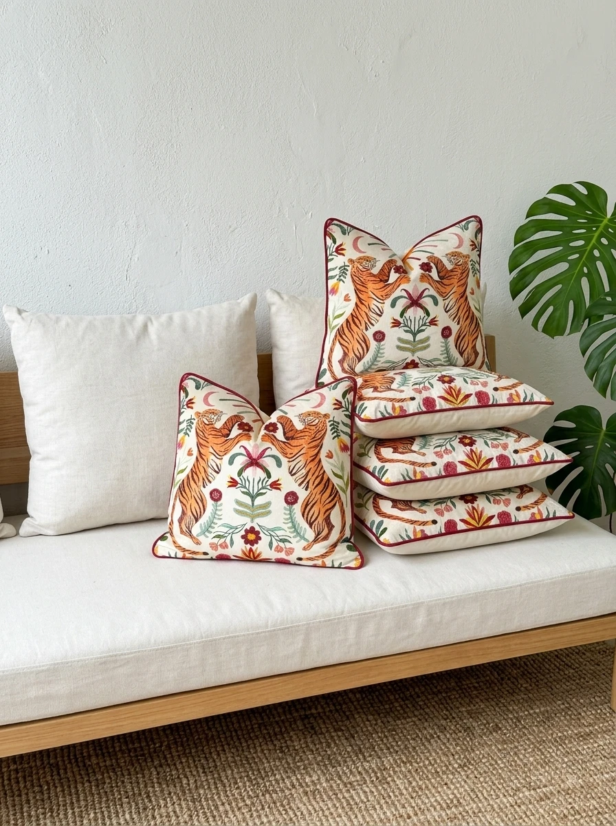 A stack of cream-colored cushions with tiger and floral embroidery arranged on a wooden daybed with a plant.