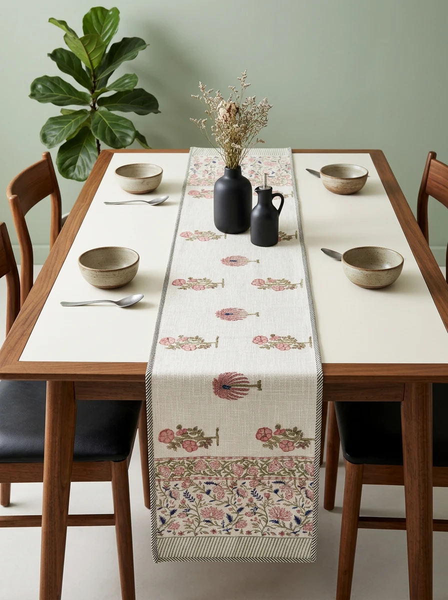 A beige fabric table runner with pink floral patterns set on a wooden dining table.