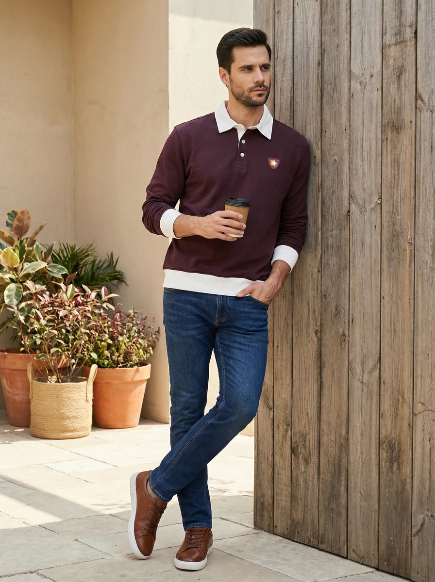 Man wearing a maroon long-sleeve polo shirt with white collar and cuffs and blue jeans, holding a cup while leaning.