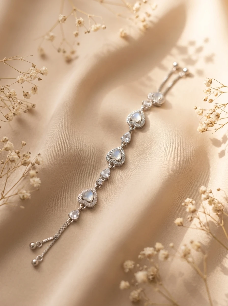 Outdoor lifestyle AI photoshoot of a heart-link bracelet, for a bracelet brand selling on marketplaces