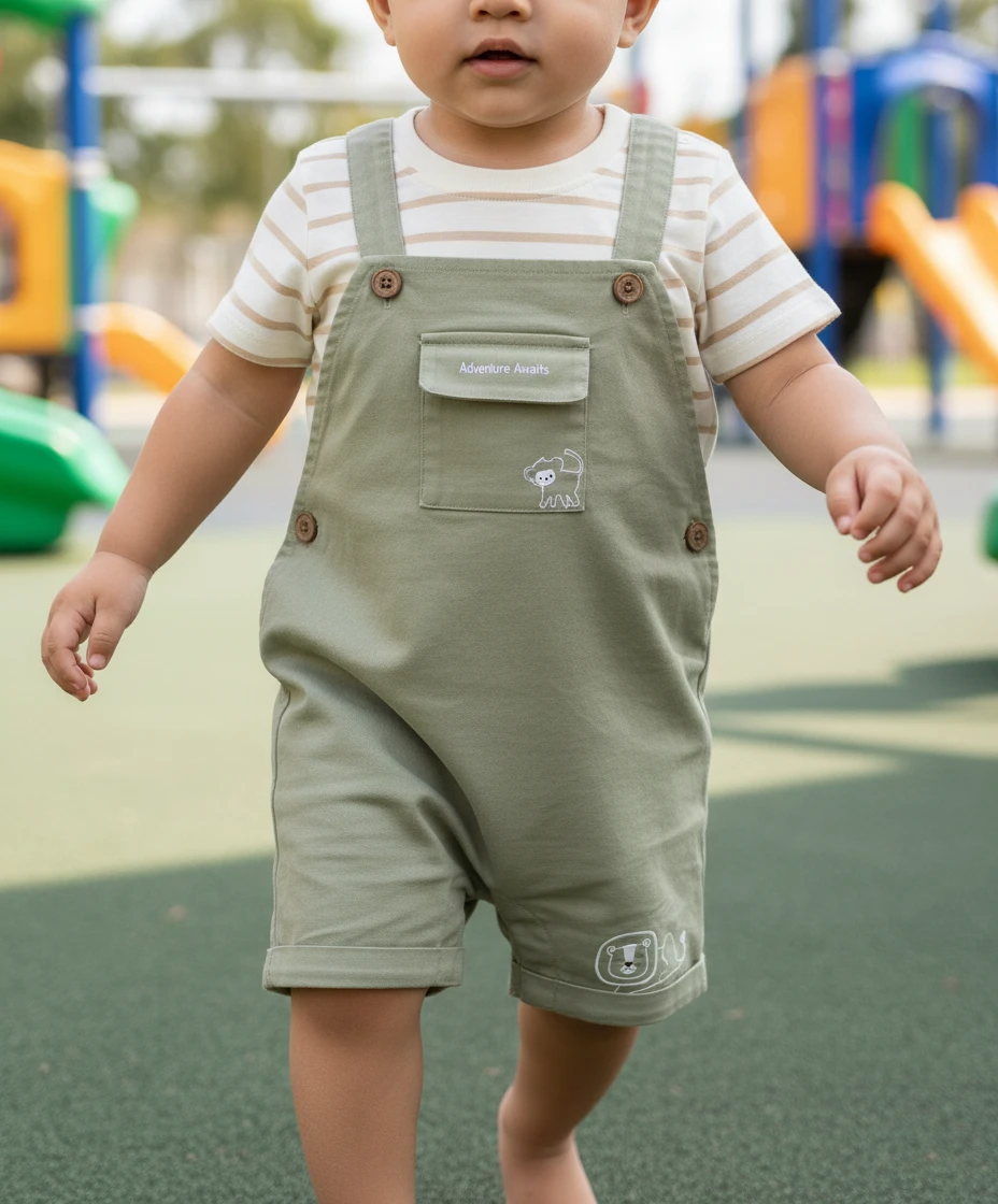 Toddler wearing sage green cotton overalls with embroidery over a beige striped t-shirt at an outdoor playground.