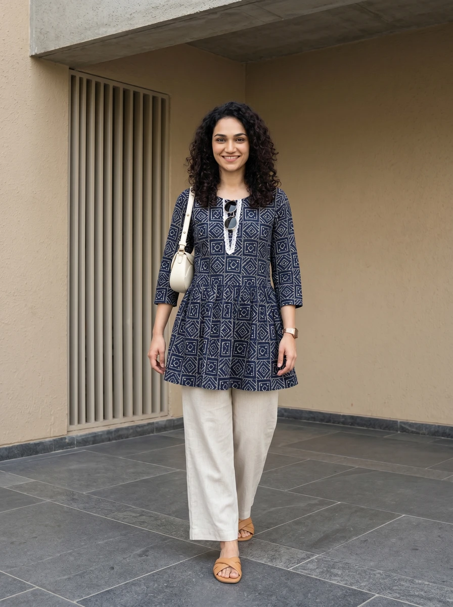 A woman wearing a blue patterned tunic and white pants stands outside near a building.