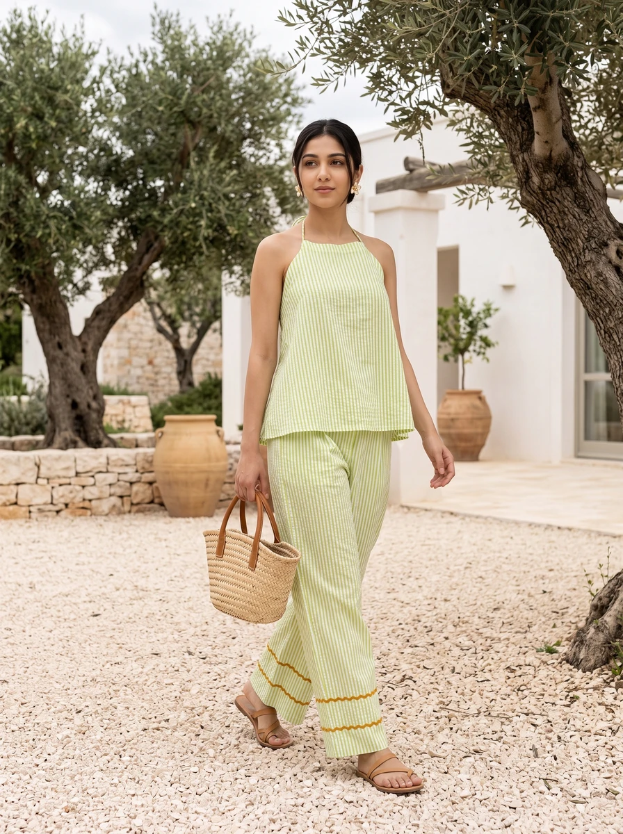 Woman walking outdoors wearing a lime green and white striped halter top and matching pants, carrying a straw basket bag.