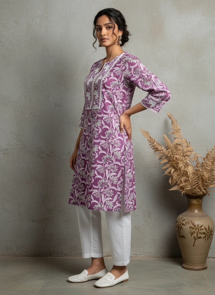 Model wears a purple floral print tunic with white trousers against a grey wall with a decorative floor vase.