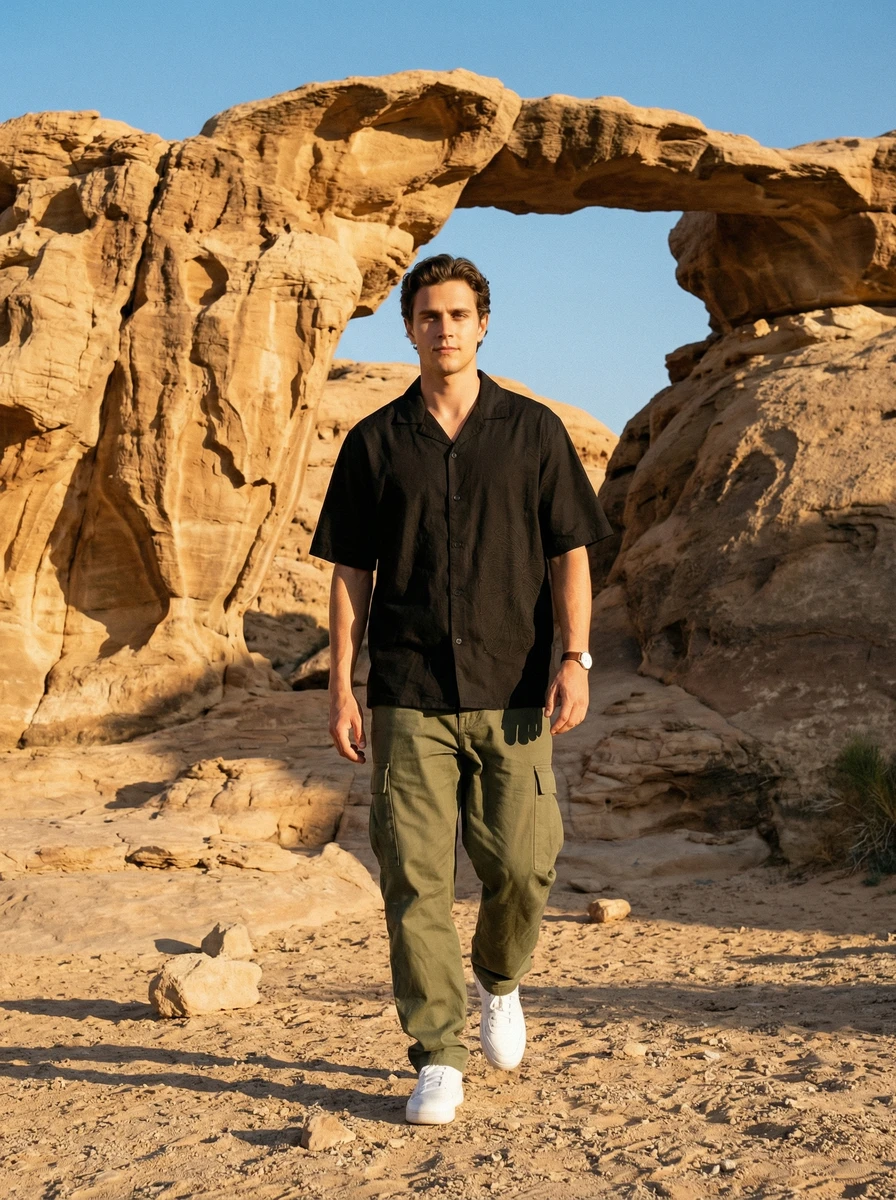 A man wearing a black short-sleeve button-down shirt and olive cargo pants walks before a large sandstone rock arch.