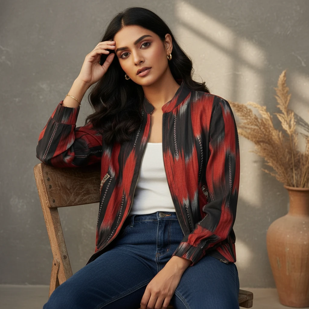 Woman sitting on a wooden chair wearing a red and black ikat bomber jacket over a white top and blue jeans.