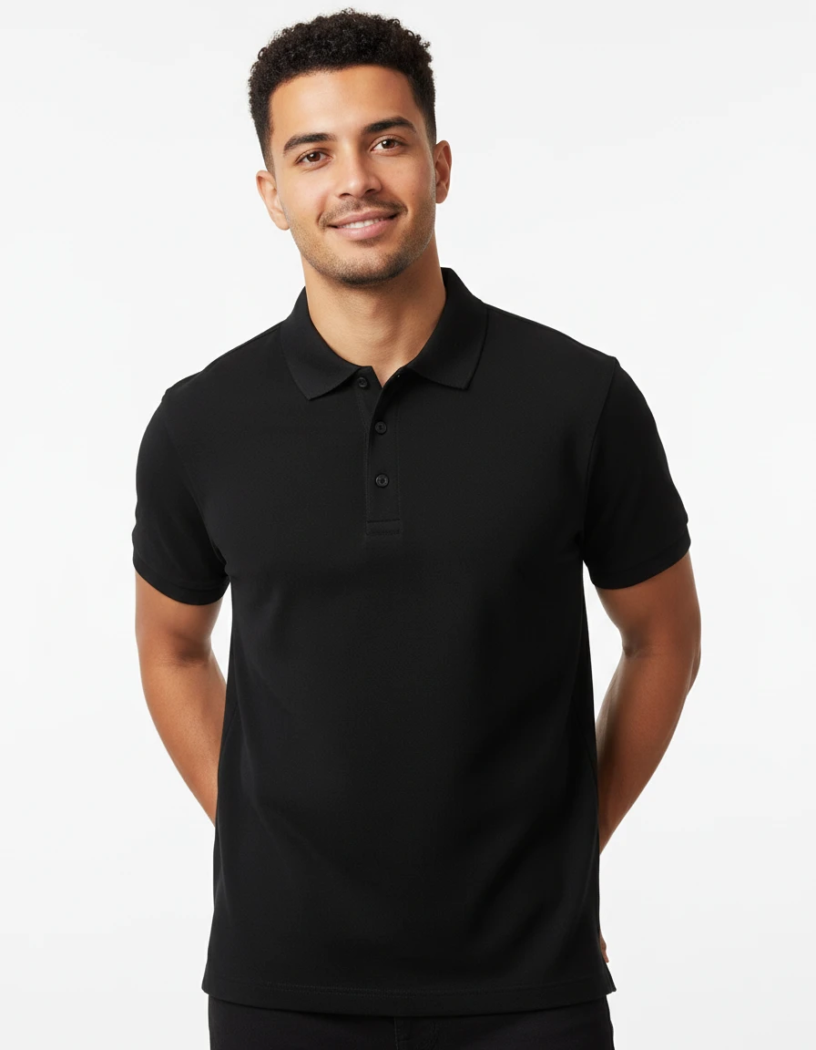 Man smiling in a black polo shirt with short sleeves against a plain white background.