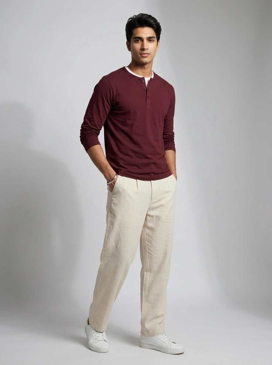 Man wearing a maroon long-sleeve henley shirt and cream trousers against a grey studio backdrop.