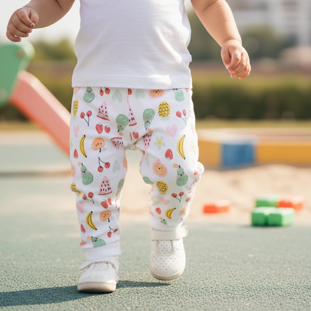 Toddler walking outdoors in a plain white t-shirt and white pants featuring colorful fruit prints, paired with white shoes.