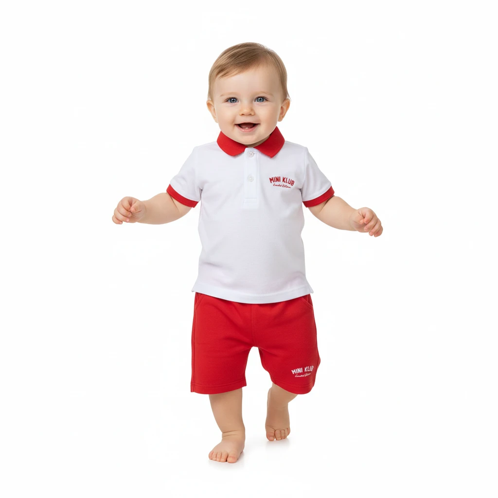 Toddler boy wearing a white polo shirt with red collar and matching red shorts against a white background.