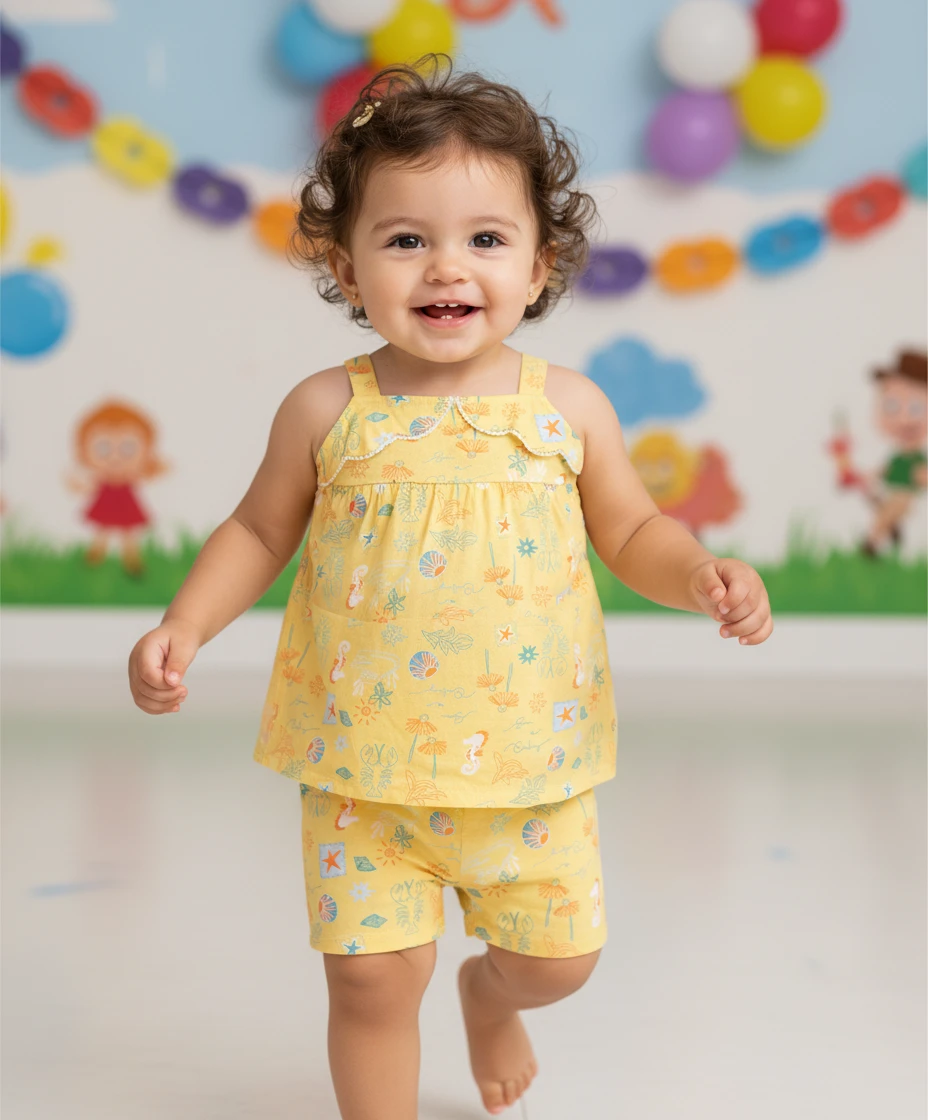 Toddler girl smiling in a yellow patterned summer shorts set with seaside motifs in a party room.