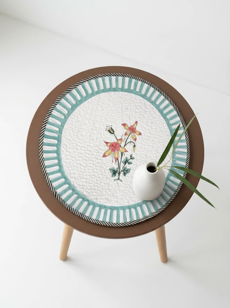 Round quilted table mat with floral center and striped turquoise border on small wooden table with white vase.
