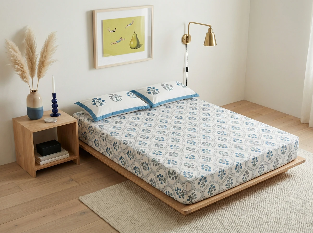 Kanika bed sheet with blue floral pattern and matching pillows on a wooden platform bed in a minimalist bedroom.