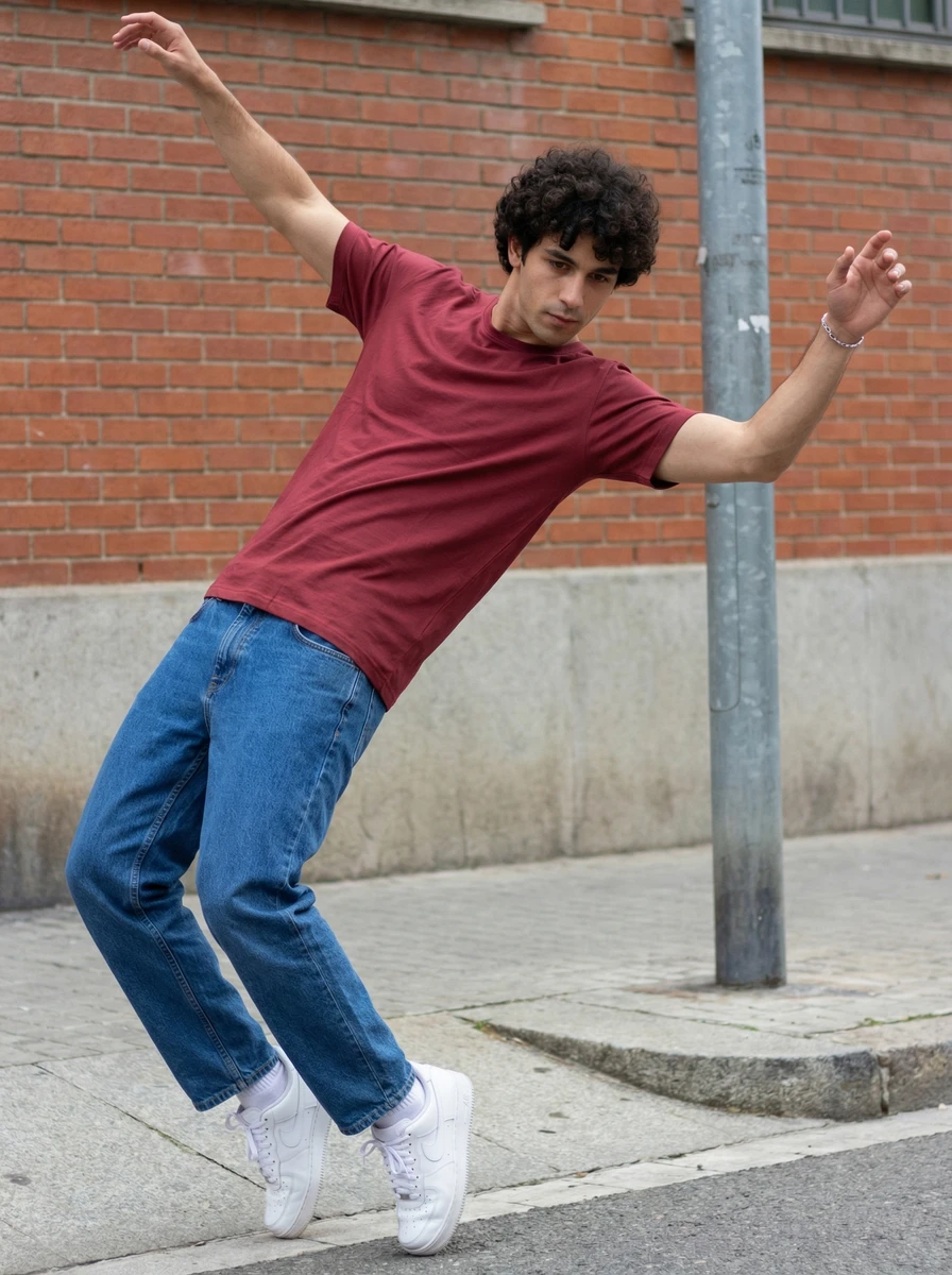 Man wearing a maroon t-shirt and blue jeans leaning backwards in an urban street setting.